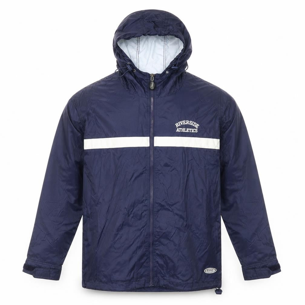 Front view of English Bay Men's Blue Hooded Windbreaker Jacket, size S