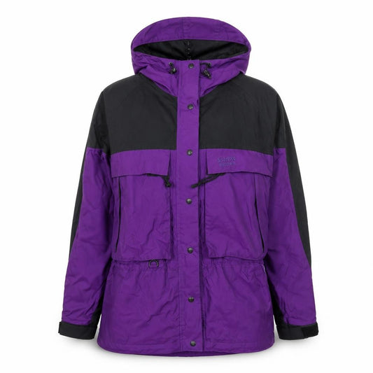 Front view of Solstice women’s purple black hooded anorak jacket l windproof
