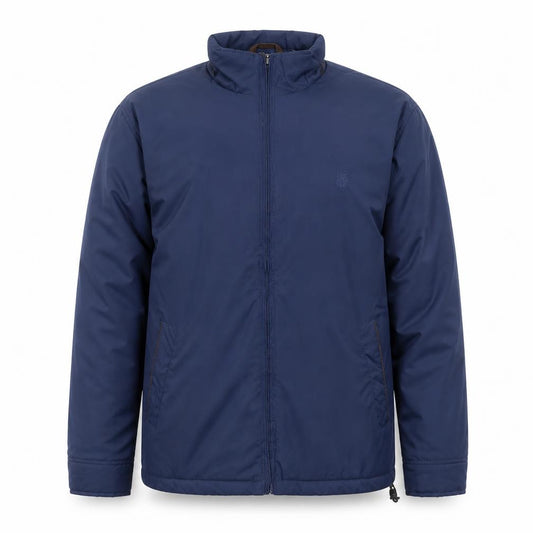 Front view of Chaps Men’s Blue Mid-Length Full Zip Polyester Jacket, size M