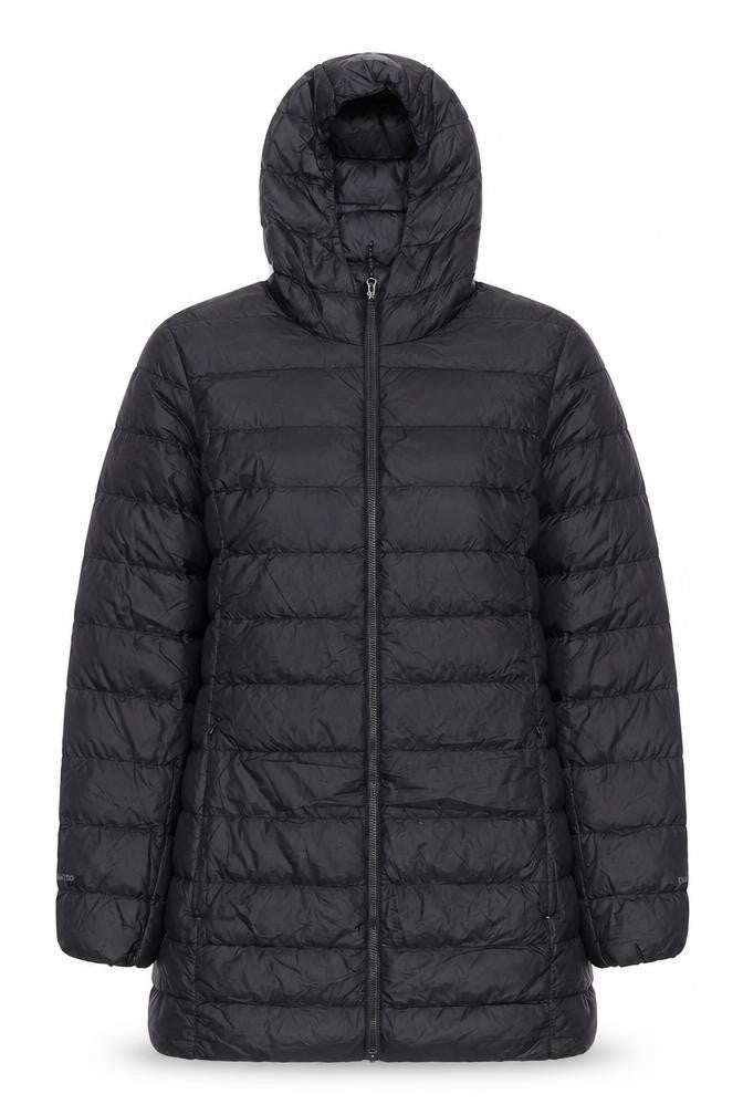 Front view of Eddie Bauer Women’s Black Long Hooded Down Puffer Coat, size L