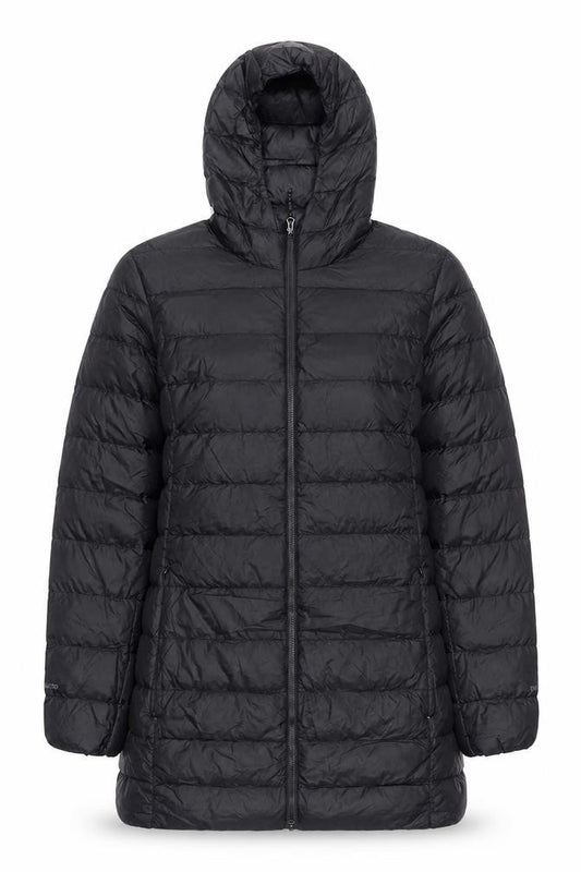Front view of Eddie Bauer Women’s Black Long Hooded Down Puffer Coat, size L