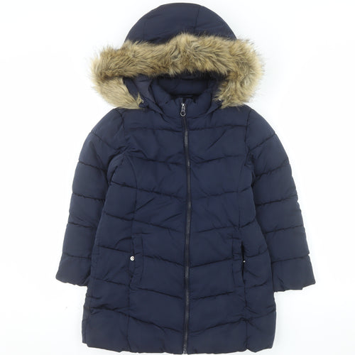 MNG Girls Blue Hooded Long Puffer Coat Size 8 Years Faux Fur Trim Winter Jacket