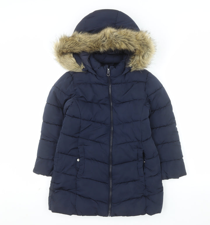 MNG Girls Blue Hooded Long Puffer Coat Size 8 Years Faux Fur Trim Winter Jacket