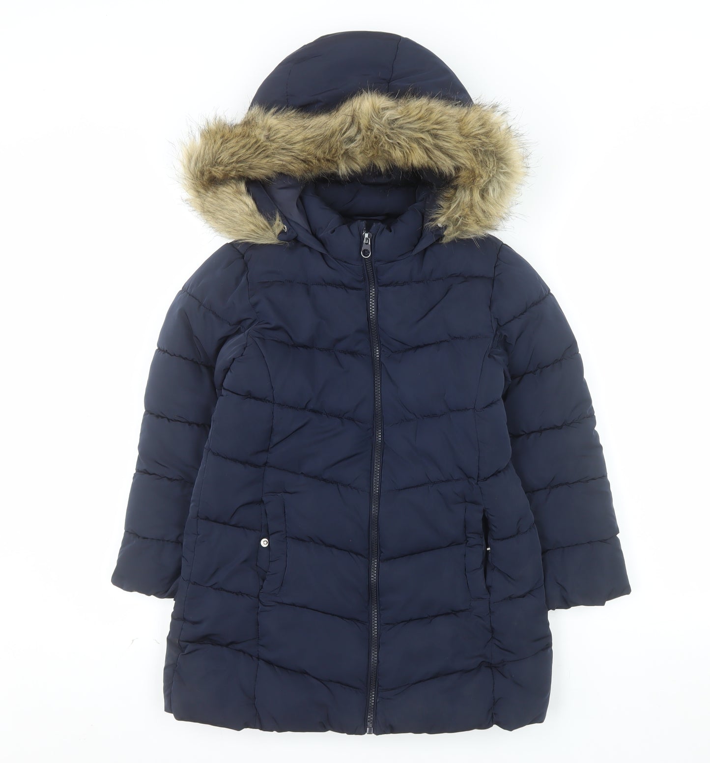 MNG Girls Blue Hooded Long Puffer Coat Size 8 Years Faux Fur Trim Winter Jacket