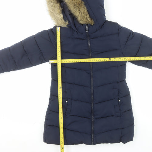 MNG Girls Blue Hooded Long Puffer Coat Size 8 Years Faux Fur Trim Winter Jacket