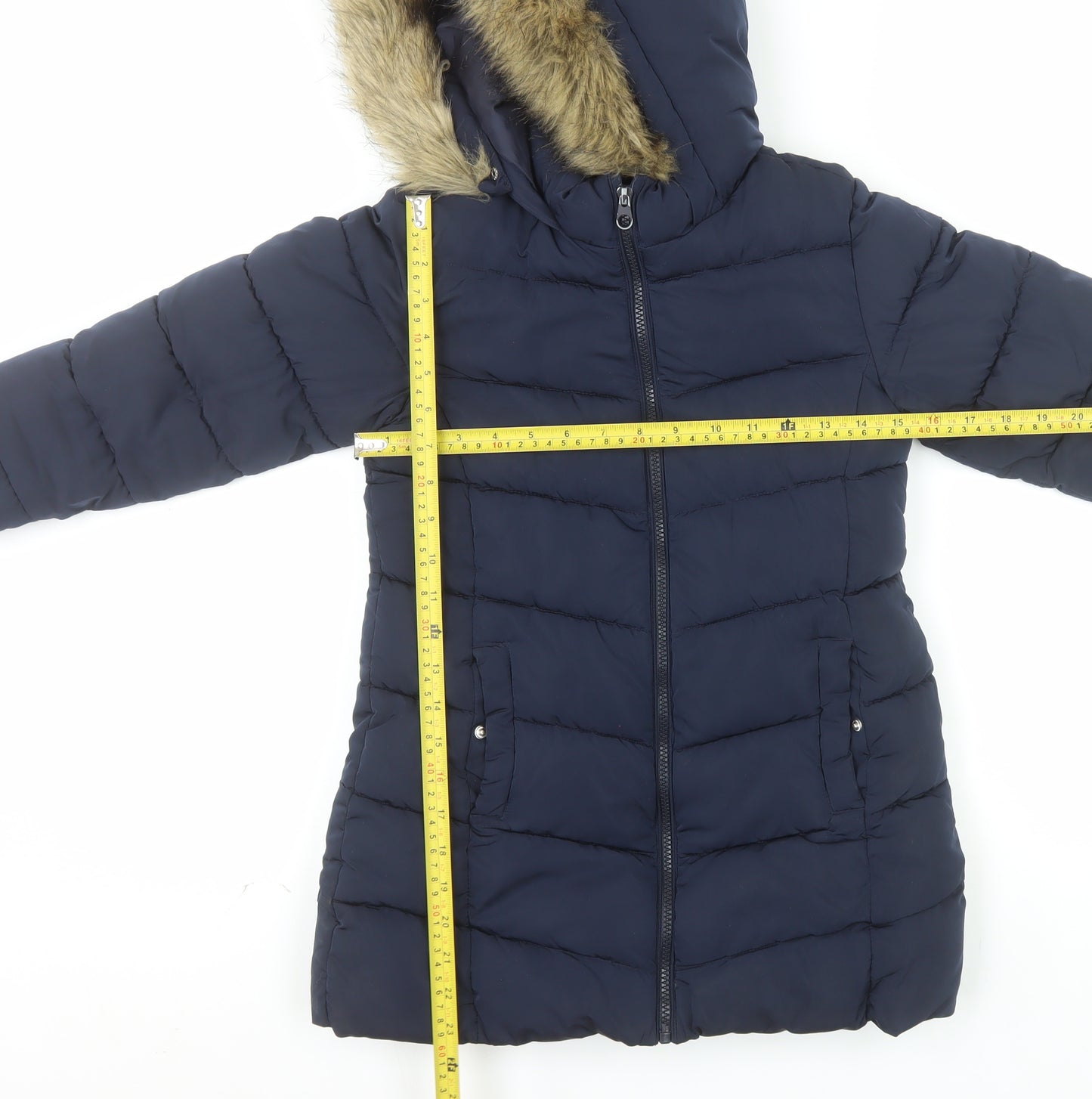 MNG Girls Blue Hooded Long Puffer Coat Size 8 Years Faux Fur Trim Winter Jacket