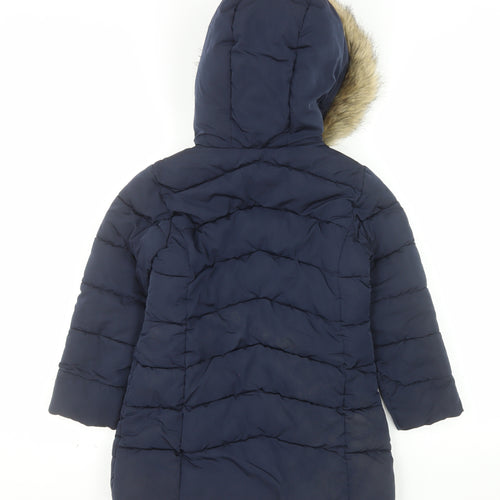 MNG Girls Blue Hooded Long Puffer Coat Size 8 Years Faux Fur Trim Winter Jacket