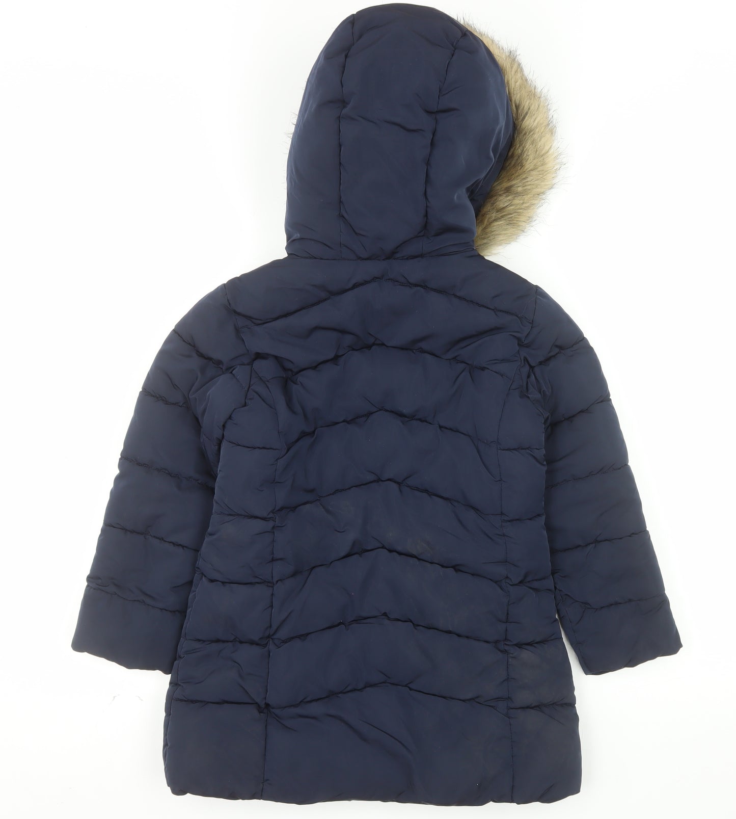 MNG Girls Blue Hooded Long Puffer Coat Size 8 Years Faux Fur Trim Winter Jacket