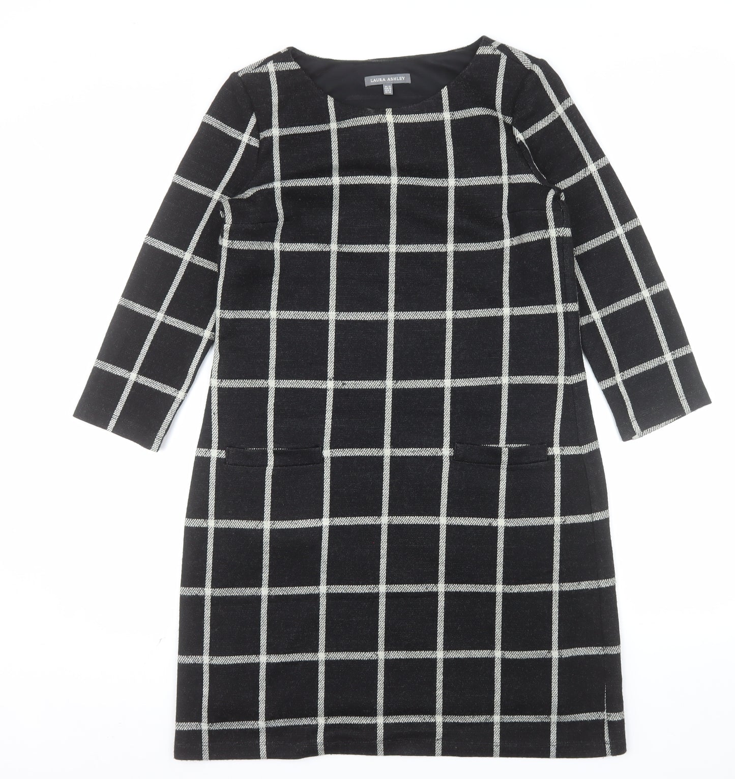 Laura Ashley Womens Black Check Shift Dress Size 12 3/4 Sleeve Knit