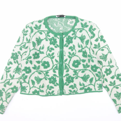Zara Women Green Floral Knit Button Cardigan Size XL
