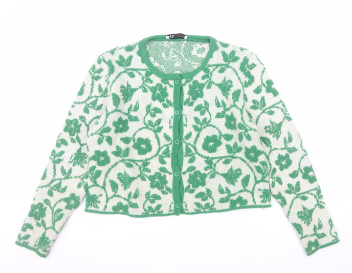 Zara Women Green Floral Knit Button Cardigan Size XL