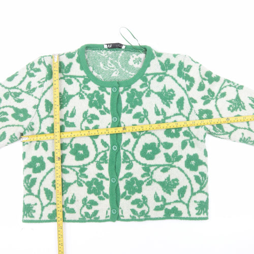 Zara Women Green Floral Knit Button Cardigan Size XL