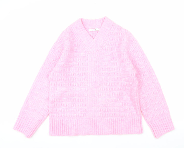 Next Women Pink V-Neck Chunky Knit Pullover Jumper XS