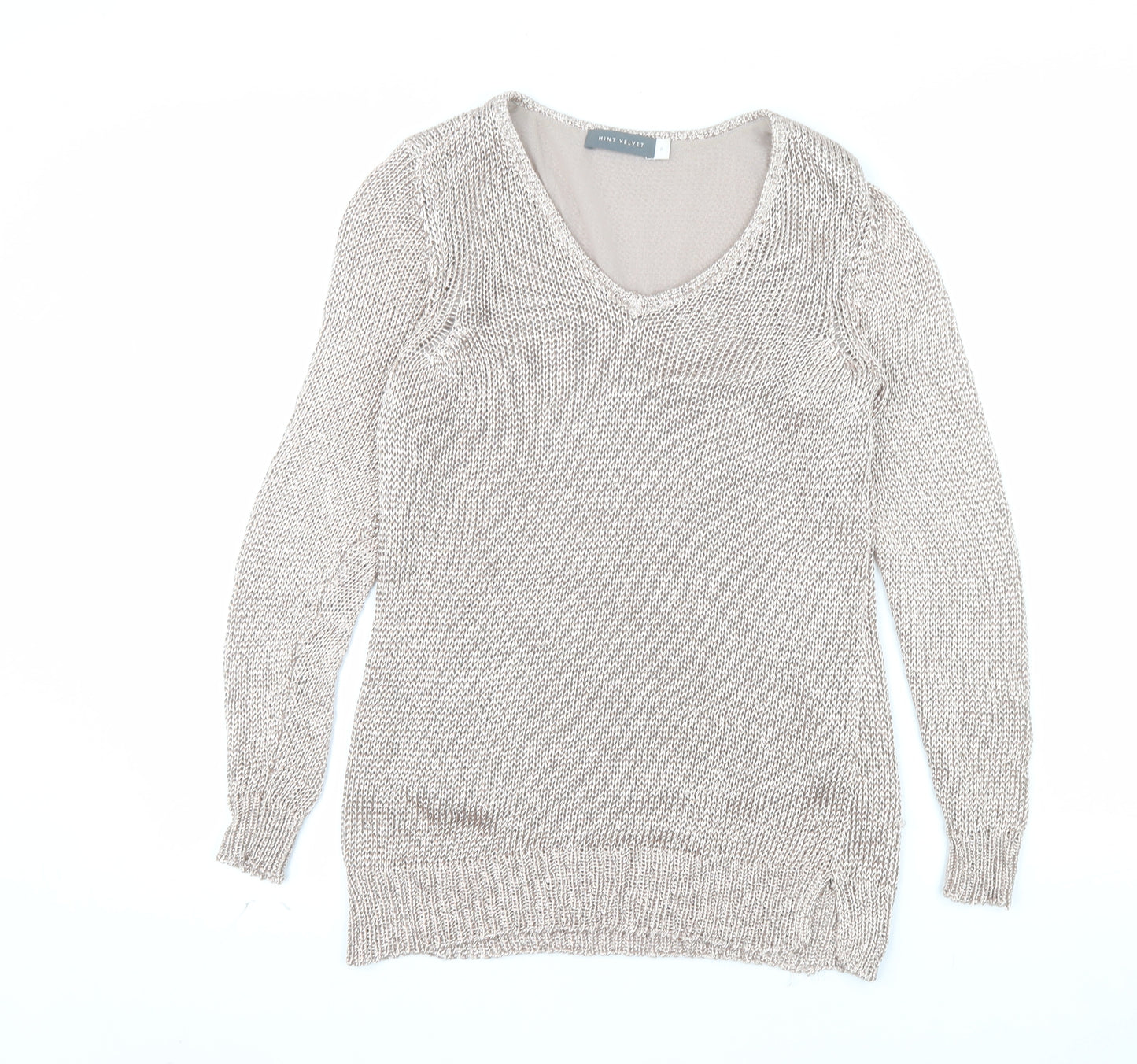 Mint Velvet Women’s Beige V-Neck Long Sleeve Open-Knit Jumper Size 8