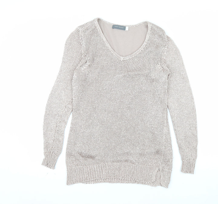 Mint Velvet Women’s Beige V-Neck Long Sleeve Open-Knit Jumper Size 8