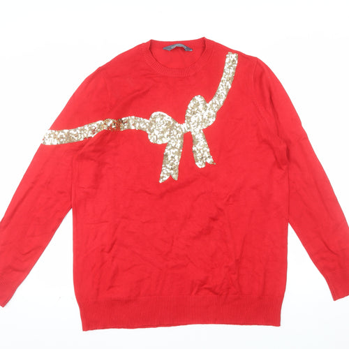 Sosandar Women Red Sequin Bow Christmas Jumper Size 16