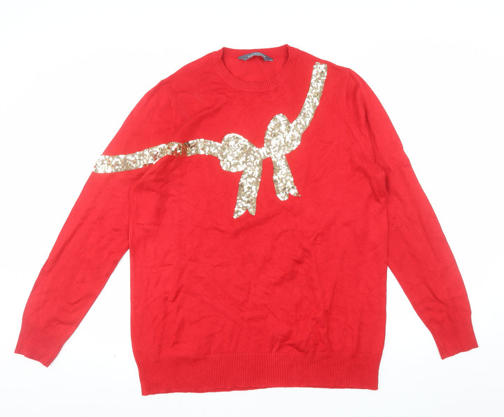 Sosandar Women Red Sequin Bow Christmas Jumper Size 16