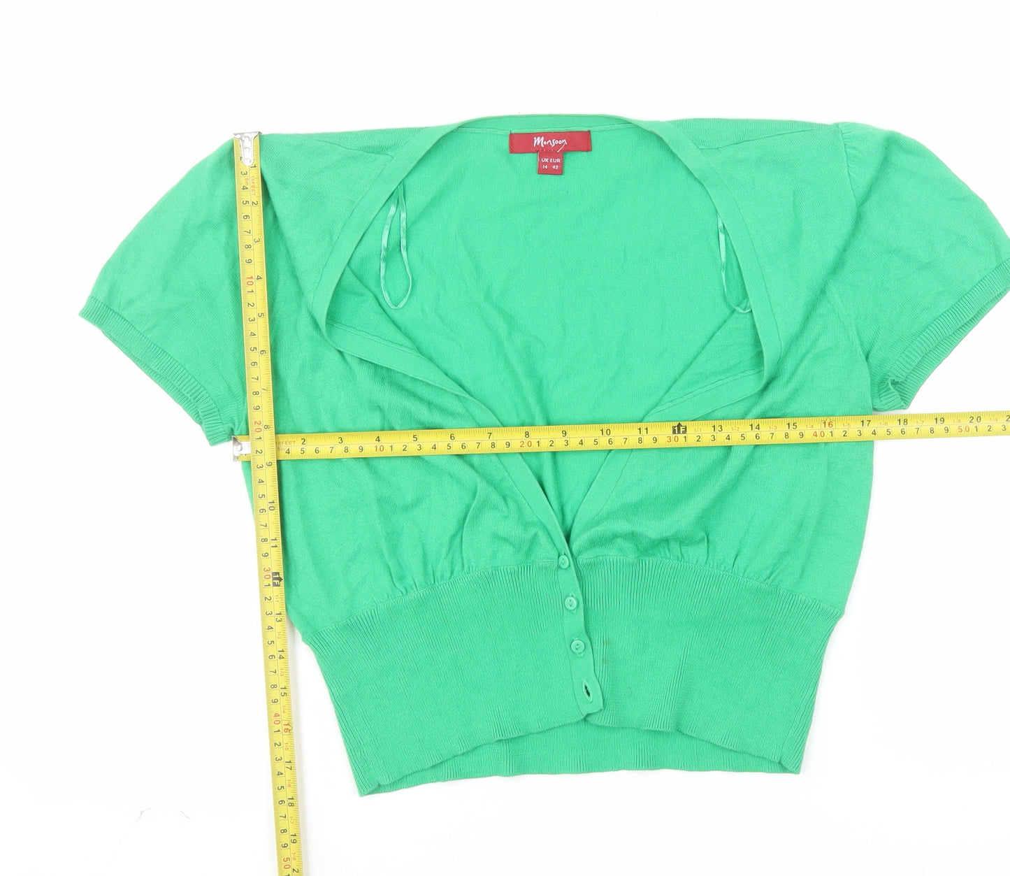 Monsoon Women’s Green Cotton Short Sleeve V-Neck Cardigan Size 14