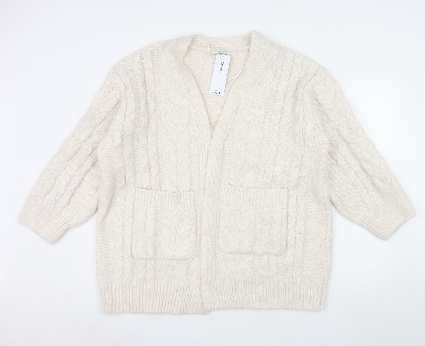 George Womens Ivory Cable Knit Long Sleeve Cardigan M 12-14
