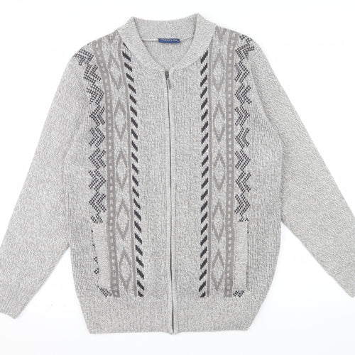 Tootal Men's Grey Geometric Full Zip Knit Jumper L