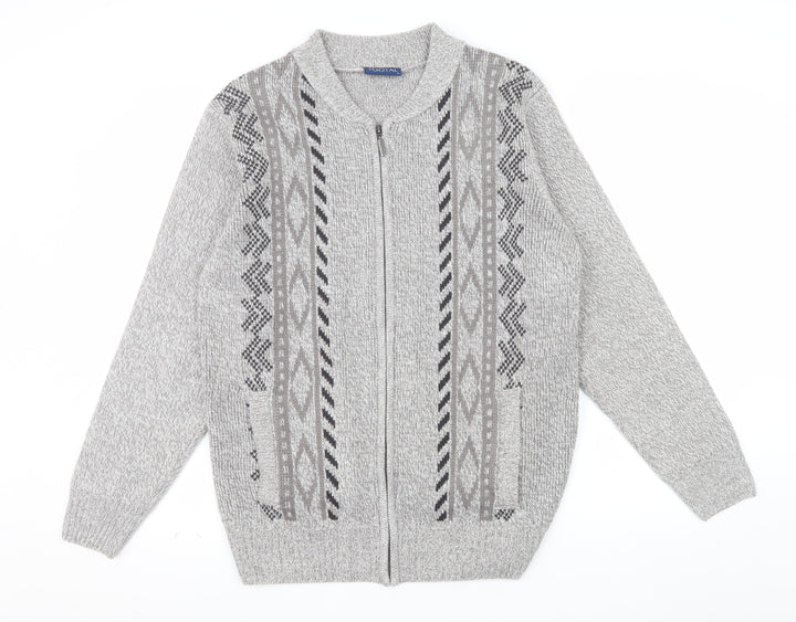 Tootal Men's Grey Geometric Full Zip Knit Jumper L