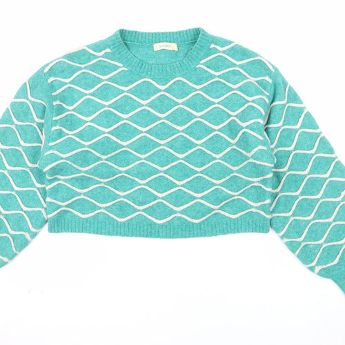 Glassons Women Green Geometric Knit Crew Neck Pullover Jumper Size M