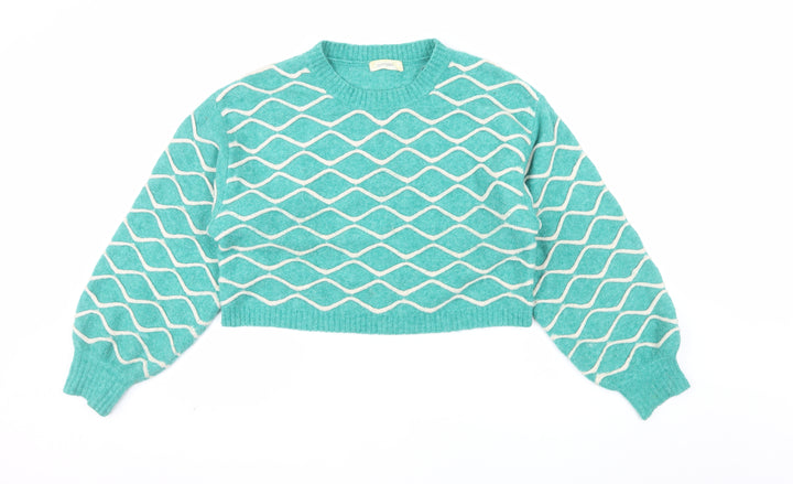Glassons Women Green Geometric Knit Crew Neck Pullover Jumper Size M