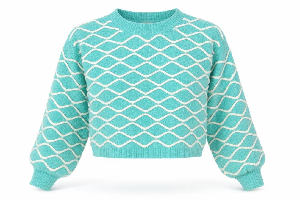 Front view of Glassons Women Green Geometric Knit Crew Neck jumper, size M