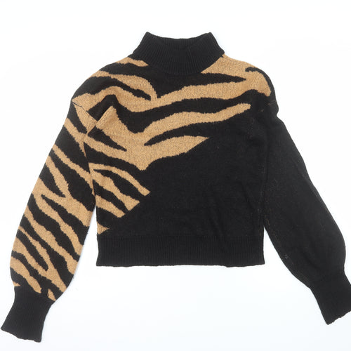 Brave Soul Women's Black Animal Print Roll Neck Acrylic Jumper M