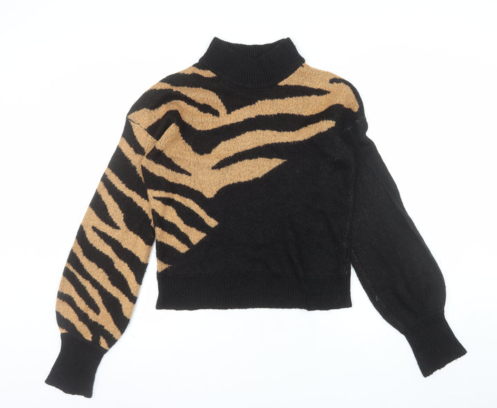 Brave Soul Women's Black Animal Print Roll Neck Acrylic Jumper M