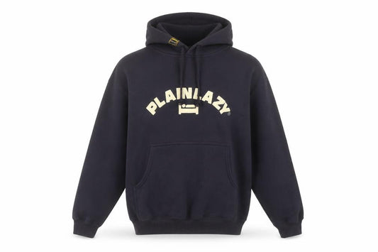 Front view of Plain Lazy men’s black pullover hoodie s graphic logo cotton blend