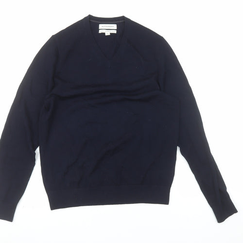 Marks and Spencer Autograph Mens Blue Merino Wool V-Neck Jumper S