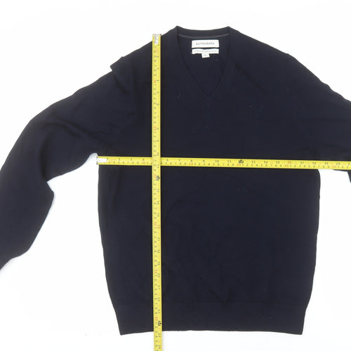 Marks and Spencer Autograph Mens Blue Merino Wool V-Neck Jumper S