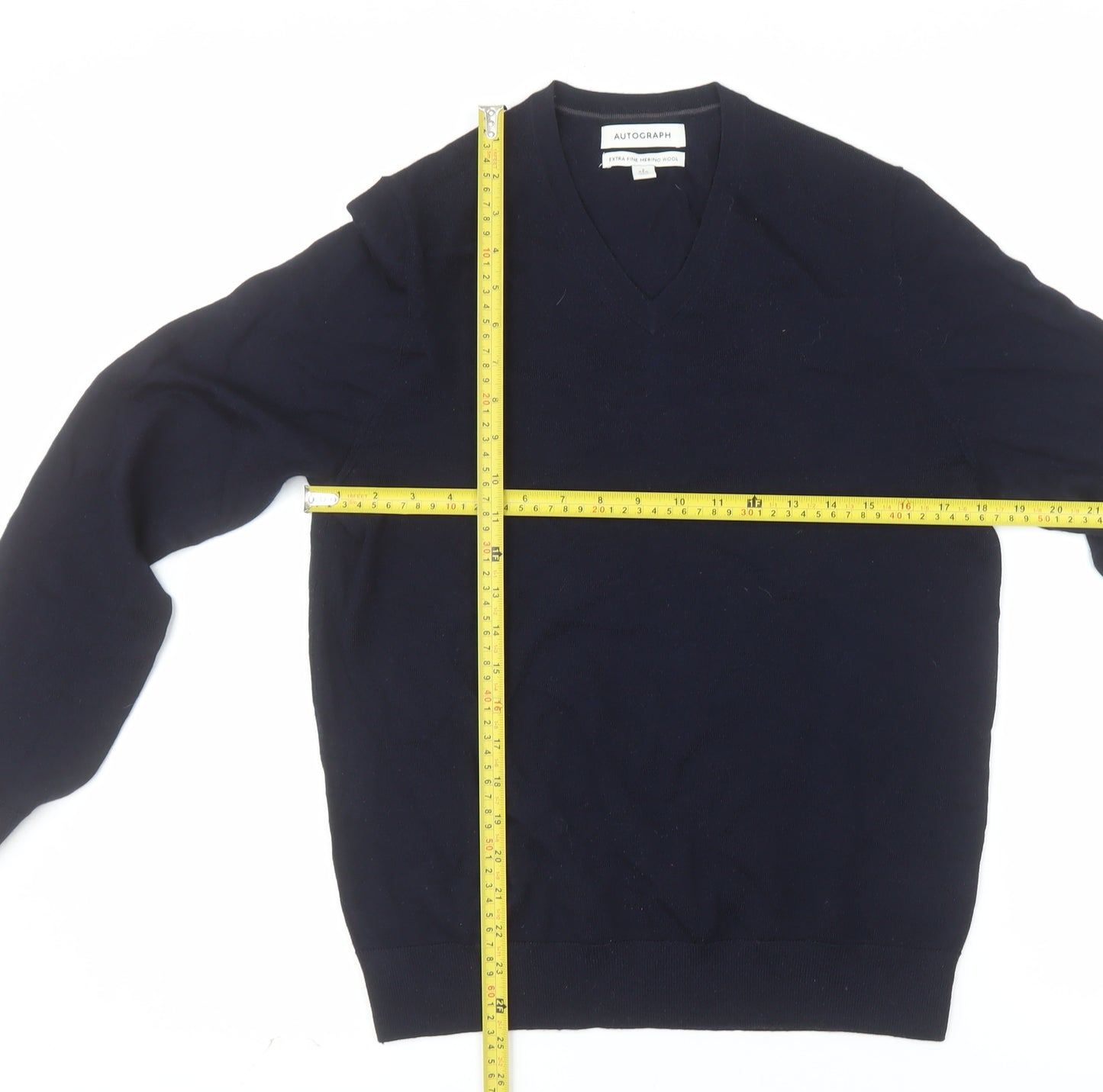Marks and Spencer Autograph Mens Blue Merino Wool V-Neck Jumper S