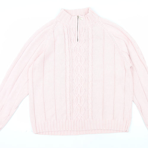 Tulchan Women Pink XL Cable-Knit Cotton Mock Neck Pullover Jumper