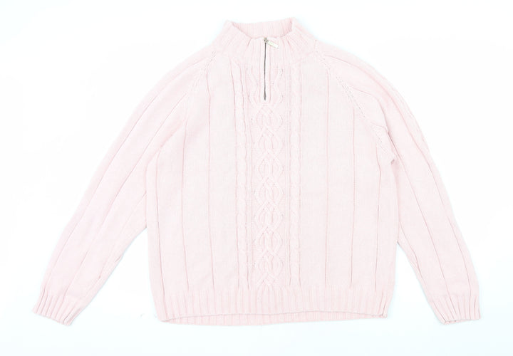 Tulchan Women Pink XL Cable-Knit Cotton Mock Neck Pullover Jumper