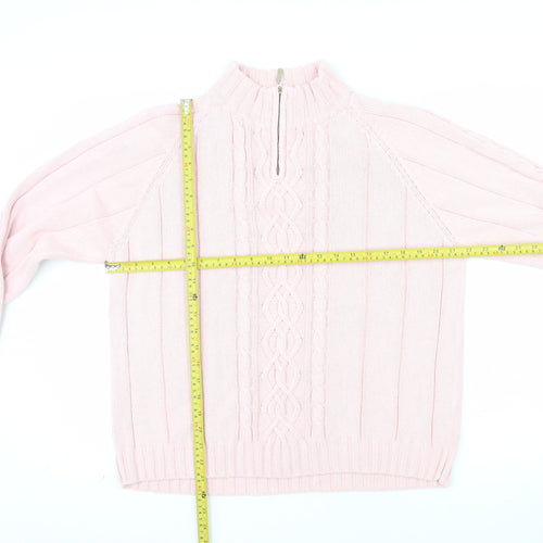 Tulchan Women Pink XL Cable-Knit Cotton Mock Neck Pullover Jumper