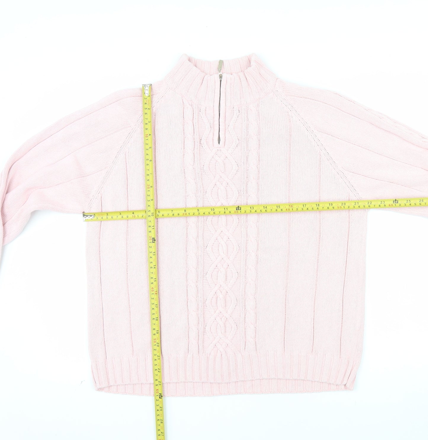 Tulchan Women Pink XL Cable-Knit Cotton Mock Neck Pullover Jumper
