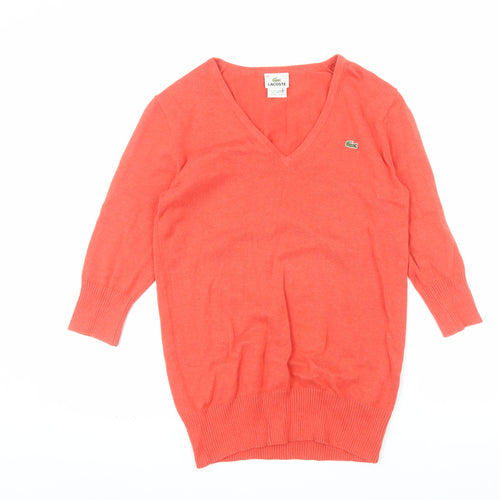 Lacoste Womens Orange V-Neck Cotton Cashmere Jumper Size 14