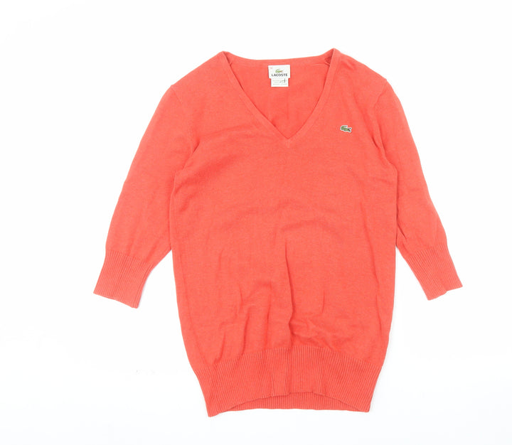 Lacoste Womens Orange V-Neck Cotton Cashmere Jumper Size 14