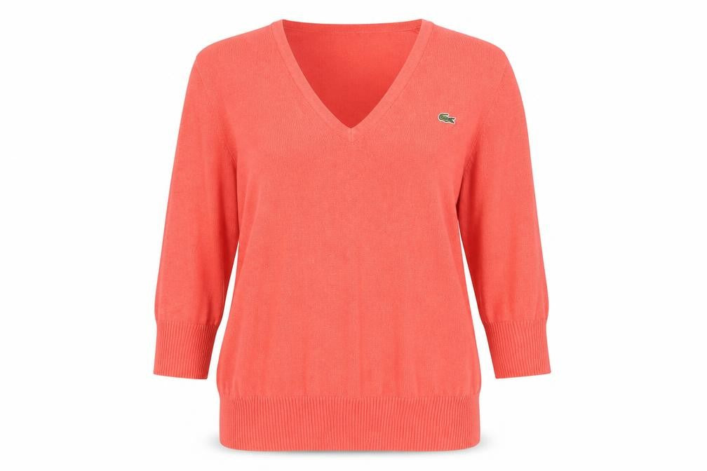 Lacoste Womens Orange V-Neck Cotton Cashmere Jumper Size 14