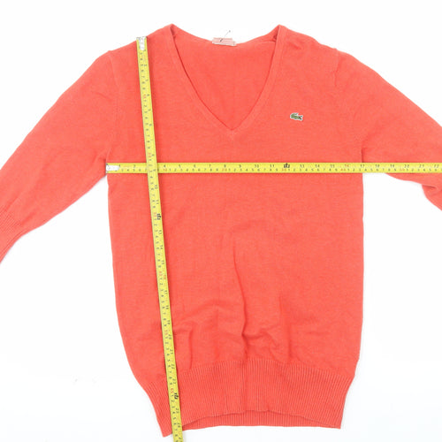 Lacoste Womens Orange V-Neck Cotton Cashmere Jumper Size 14