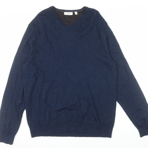 Calvin Klein Men's Blue Merino Wool V-Neck Jumper XL