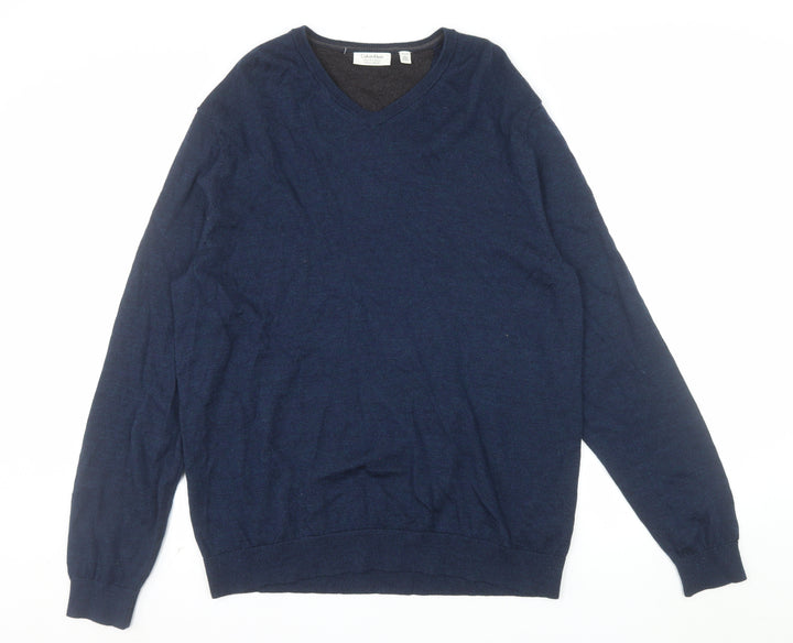 Calvin Klein Men's Blue Merino Wool V-Neck Jumper XL