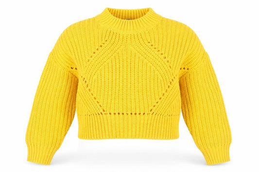 Front view of New Look 915 girls’ yellow acrylic knit jumper age 10-11 years