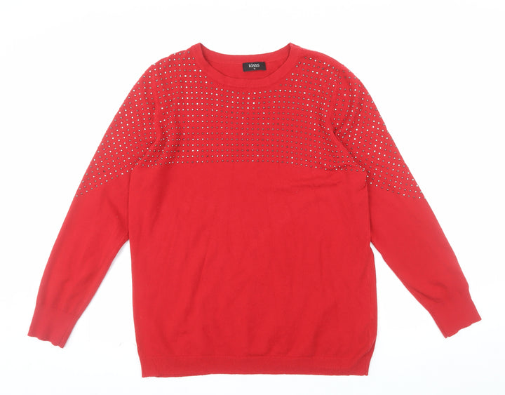 Klass Women's Red Rhinestone Crew Neck Knit Jumper XL
