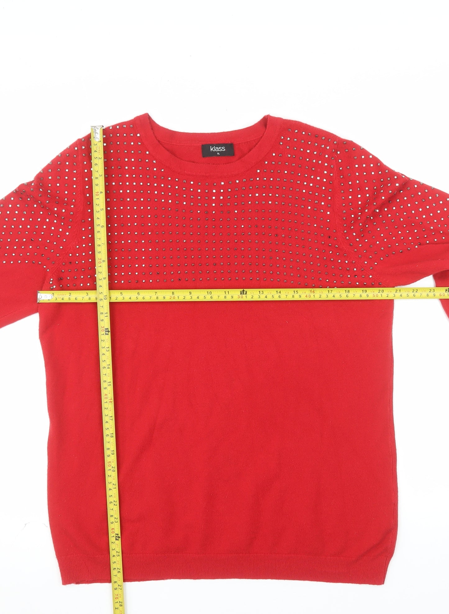 Klass Women's Red Rhinestone Crew Neck Knit Jumper XL