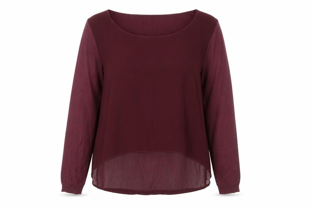 Front view of Next women’s red long sleeve chiffon layered blouse, size UK 18