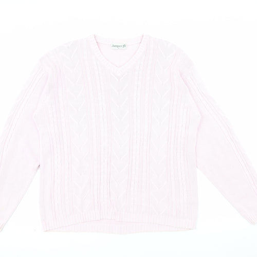 Jumper Womens Pink V-Neck Cotton Cable Knit Pullover L