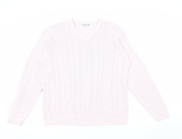 Jumper Womens Pink V-Neck Cotton Cable Knit Pullover L